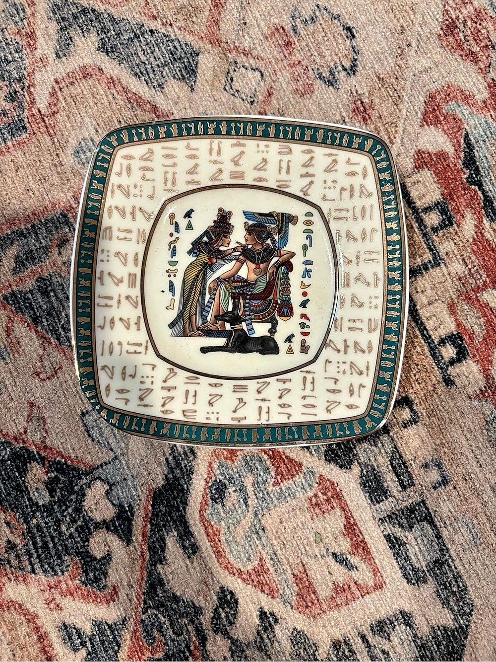 Fathi Mahmoud Egyptian Motif Square Plate, Cream & Blue